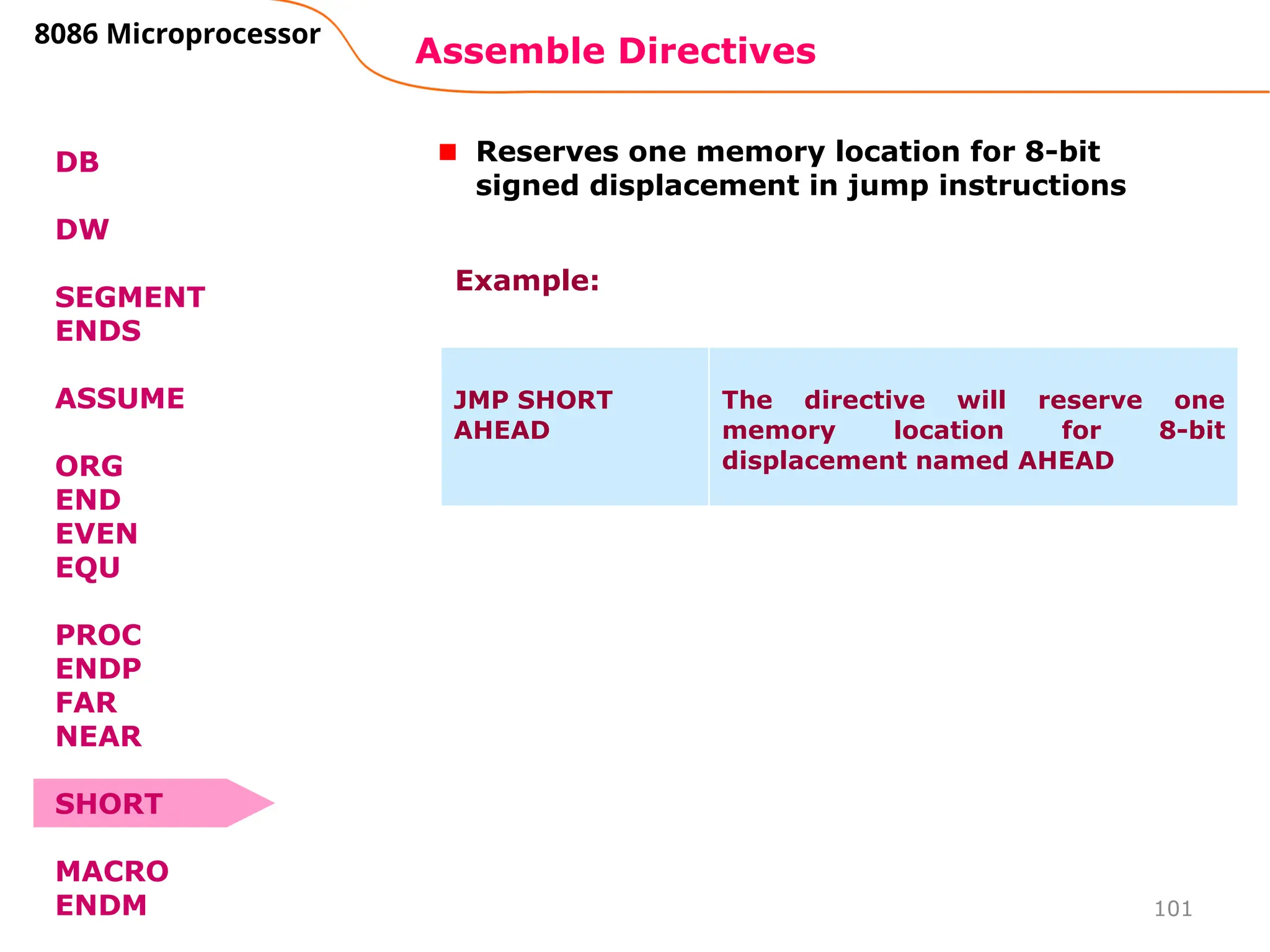101
Assemble Directives
8086 Microprocessor
DB
DW
SEGMENT
ENDS
ASSUME
ORG
END
EVEN
EQU
PROC
ENDP
FAR
NEAR
SHORT
MACRO
ENDM
Reserves one memory location for 8-bit
signed displacement in jump instructions
JMP SHORT
AHEAD
The directive will reserve one
memory location for 8-bit
displacement named AHEAD
Example:
 