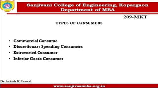 TYPES OF CONSUMERS
• Commercial Consume
• Discretionary Spending Consumers
• Extroverted Consumer
• Inferior Goods Consumer
 