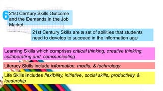 21st Century Skills Outcome
and the Demands in the Job
Market
21st Century Skills are a set of abilities that students
need to develop to succeed in the information age
Learning Skills which comprises critical thinking, creative thinking,
collaborating and communicating
Literacy Skills include information, media, & technology
Life Skills includes flexibility, initiative, social skills, productivity &
leadership
 