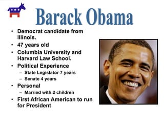 Democrat candidate from Illinois. 47 years old Columbia University and Harvard Law School. Political Experience State Legislator 7 years Senate 4 years Personal Married with 2 children First African American to run for President Barack Obama 