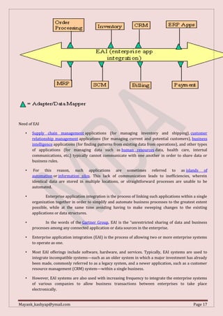 Mayank_kashyap@ymail.com Page 17
Need of EAI
• Supply chain management applications (for managing inventory and shipping), customer
relationship management applications (for managing current and potential customers), business
intelligence applications (for finding patterns from existing data from operations), and other types
of applications (for managing data such as human resources data, health care, internal
communications, etc.) typically cannot communicate with one another in order to share data or
business rules.
• For this reason, such applications are sometimes referred to as islands of
automation or information silos. This lack of communication leads to inefficiencies, wherein
identical data are stored in multiple locations, or straightforward processes are unable to be
automated.
• Enterprise application integration is the process of linking such applications within a single
organization together in order to simplify and automate business processes to the greatest extent
possible, while at the same time avoiding having to make sweeping changes to the existing
applications or data structures.
• In the words of the Gartner Group, EAI is the “unrestricted sharing of data and business
processes among any connected application or data sources in the enterprise.
• Enterprise application integration (EAI) is the process of allowing two or more enterprise systems
to operate as one.
• Most EAI offerings include software, hardware, and services. Typically, EAI systems are used to
integrate incompatible systems—such as an older system in which a major investment has already
been made, commonly referred to as a legacy system, and a newer application, such as a customer
resource management (CRM) system—within a single business.
• However, EAI systems are also used with increasing frequency to integrate the enterprise systems
of various companies to allow business transactions between enterprises to take place
electronically.
 