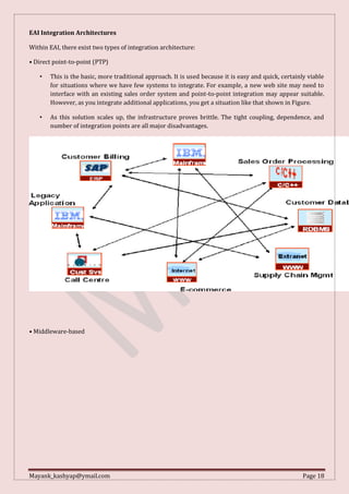 Mayank_kashyap@ymail.com Page 18
EAI Integration Architectures
Within EAI, there exist two types of integration architecture:
• Direct point-to-point (PTP)
• This is the basic, more traditional approach. It is used because it is easy and quick, certainly viable
for situations where we have few systems to integrate. For example, a new web site may need to
interface with an existing sales order system and point-to-point integration may appear suitable.
However, as you integrate additional applications, you get a situation like that shown in Figure.
• As this solution scales up, the infrastructure proves brittle. The tight coupling, dependence, and
number of integration points are all major disadvantages.
• Middleware-based
 