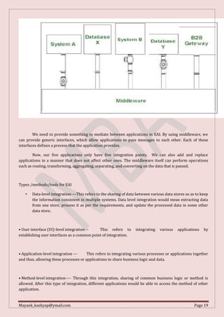 Mayank_kashyap@ymail.com Page 19
We need to provide something to mediate between applications in EAI. By using middleware, we
can provide generic interfaces, which allow applications to pass messages to each other. Each of these
interfaces defines a process that the application provides.
Now, our five applications only have five integration points. We can also add and replace
applications in a manner that does not affect other ones. The middleware itself can perform operations
such as routing, transforming, aggregating, separating, and converting on the data that is passed.
Types /methods/tools for EAI
• Data-level integration----This refers to the sharing of data between various data stores so as to keep
the information consistent in multiple systems. Data level integration would mean extracting data
from one store, process it as per the requirements, and update the processed data in some other
data store.
• User interface (UI)-level integration -- This refers to integrating various applications by
establishing user interfaces as a common point of integration.
• Application-level integration --- This refers to integrating various processes or applications together
and thus, allowing these processes or applications to share business logic and data.
• Method-level integration---- Through this integration, sharing of common business logic or method is
allowed. After this type of integration, different applications would be able to access the method of other
application.
 