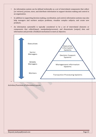 Mayank_kashyap@ymail.com Page 21
• An information system can be defined technically as a set of interrelated components that collect
(or retrieve), process, store, and distribute information to support decision making and control in
an organization.
• In addition to supporting decision making, coordination, and control, information systems may also
help managers and workers analyze problems, visualize complex subjects, and create new
products.
• An information system(IS) is typically considered to be a set of interrelated elements or
components that collect(input), manipulate(processes), and disseminate (output) data and
information and provide a feedback mechanism to meet an objective.
•
Activities/Functions of Information system
 