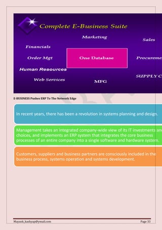 Mayank_kashyap@ymail.com Page 33
E-BUSINESS Pushes ERP To The Network Edge
In recent years, there has been a revolution in systems planning and design.
Management takes an integrated company-wide view of its IT investments and
choices, and implements an ERP system that integrates the core business
processes of an entire company into a single software and hardware system.
Customers, suppliers and business partners are consciously included in the
business process, systems operation and systems development.
 