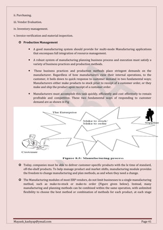 Mayank_kashyap@ymail.com Page 41
ii. Purchasing.
iii. Vendor Evaluation.
iv. Inventory management.
v. Invoice verification and material inspection.
 Production Management
 A good manufacturing system should provide for multi-mode Manufacturing applications
that encompass full integration of resource management.
 A robust system of manufacturing planning business process and execution must satisfy a
variety of business practices and production methods.
 These business practices and production methods place stringent demands on the
manufacturer. Regardless of how manufacturers view their internal operations, to the
customer, it boils down to quick response to customer demand in two fundamental ways;
Manufacturers either make products to stock prior to receipt of a customer order, or they
make and ship the product upon receipt of a customer order.
 Manufacturers must accomplish this task quickly, efficiently and cost effectively to remain
profitable and competitive. These two fundamental ways of responding to customer
demand are as shown in Fig
 Today, companies must be able to deliver customer-specific products with the le time of standard,
off-the-shelf products. To help manage product and market shifts, manufacturing module provides
the freedom to change manufacturing and plan methods, as and when they need a change.
 The Manufacturing modules of most ERP vendors, do not limit businesses to a single manufacturing
method, such as make-to-stock or make-to order (Figure given below). Instead, many
manufacturing and planning methods can be combined within the same operation, with unlimited
flexibility to choose the best method or combination of methods for each product, at each stage
 
