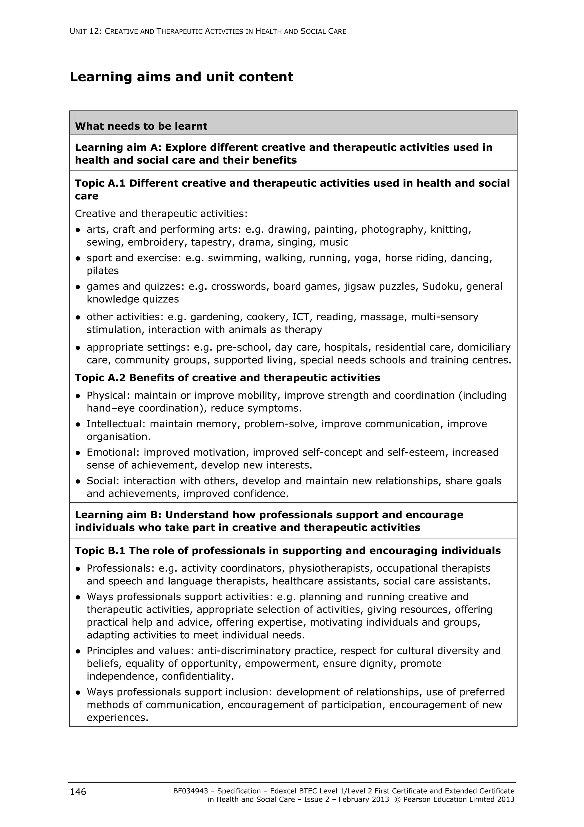 Unit 12 creative and therapeutic activities specification | PDF