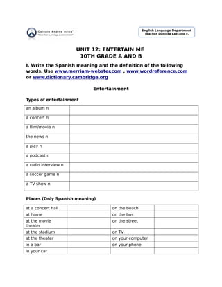 Unit 12 Entertain Me word list | PDF