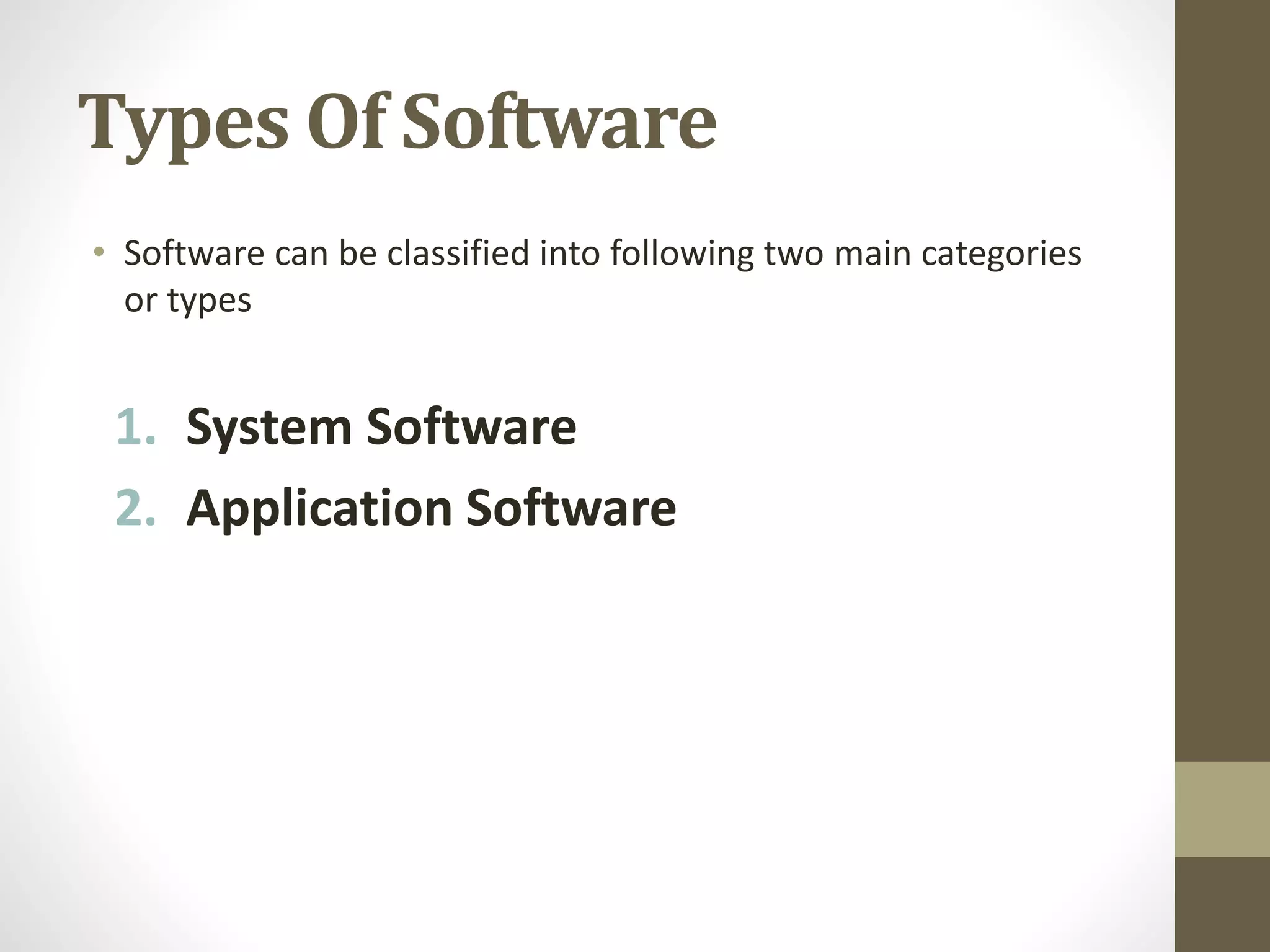 Types Of Software
• Software can be classified into following two main categories
or types
1. System Software
2. Application Software
 