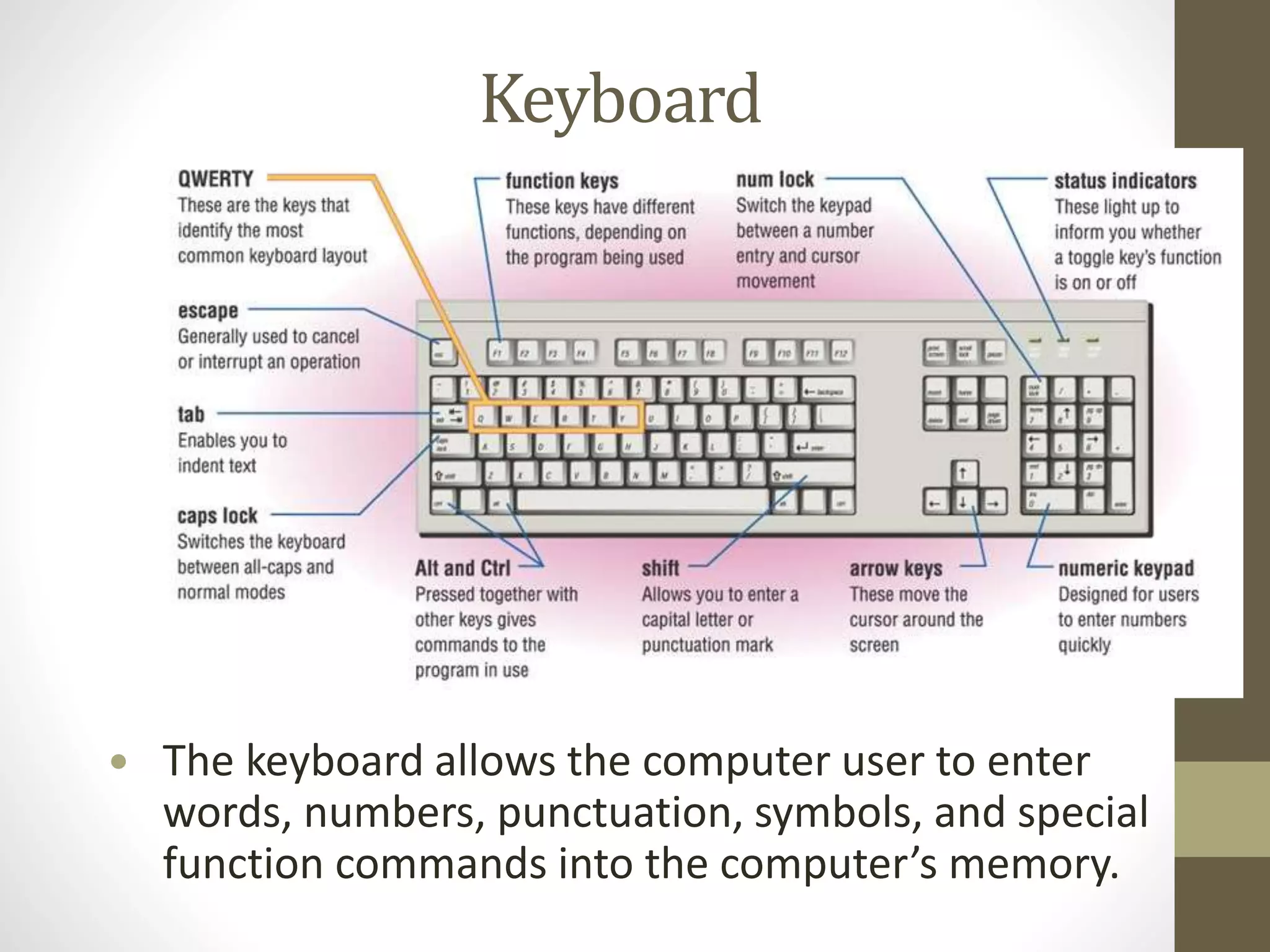 Keyboard
 The keyboard allows the computer user to enter
words, numbers, punctuation, symbols, and special
function commands into the computer’s memory.
 