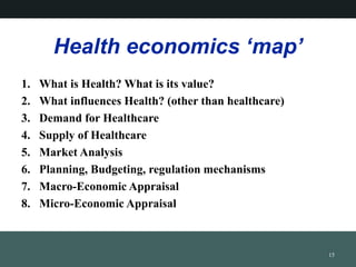 Health economics map
1. What is Health? What is its value?
2. What influences Health? (other than healthcare)
3. Demand for Healthcare
4. Supply of Healthcare
5. Market Analysis
6. Planning, Budgeting, regulation mechanisms
7. Macro-Economic Appraisal
8. Micro-Economic Appraisal
15
 