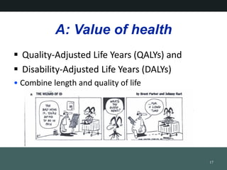 A: Value of health
? Quality-Adjusted Life Years (QALYs) and
? Disability-Adjusted Life Years (DALYs)
? Combine length and quality of life
17
 