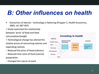 B: Other influences on health
? Economics of obesity C technology is fattening (Propper C, Health Economics,
2005; 14: 987-997)
? Study examined the relationship
between price of food and food
consumption/weight
? Technological change has altered the
relative prices of consuming calories and
expending calories
C Reduced the price of food (calories)
C Reduced time costs of food (calorie)
preparation
C Changed the nature of work
18
 