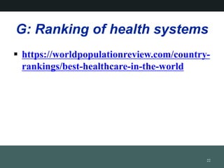 G: Ranking of health systems
? https://worldpopulationreview.com/country-
rankings/best-healthcare-in-the-world
22
 