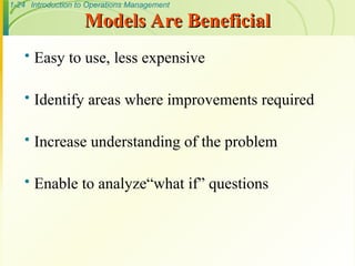 1-24 Introduction to Operations Management
Models Are Beneficial
Models Are Beneficial
 Easy to use, less expensive
 Identify areas where improvements required
 Increase understanding of the problem
 Enable to analyze“what if” questions
 