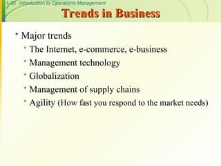 1-30 Introduction to Operations Management
Trends in Business
Trends in Business
 Major trends
 The Internet, e-commerce, e-business
 Management technology
 Globalization
 Management of supply chains
 Agility (How fast you respond to the market needs)
 
