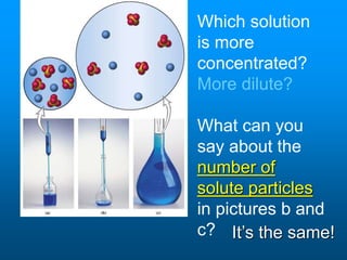 Which solution
is more
concentrated?
More dilute?
What can you
say about the
number of
solute particles
in pictures b and
c? It’s the same!
 