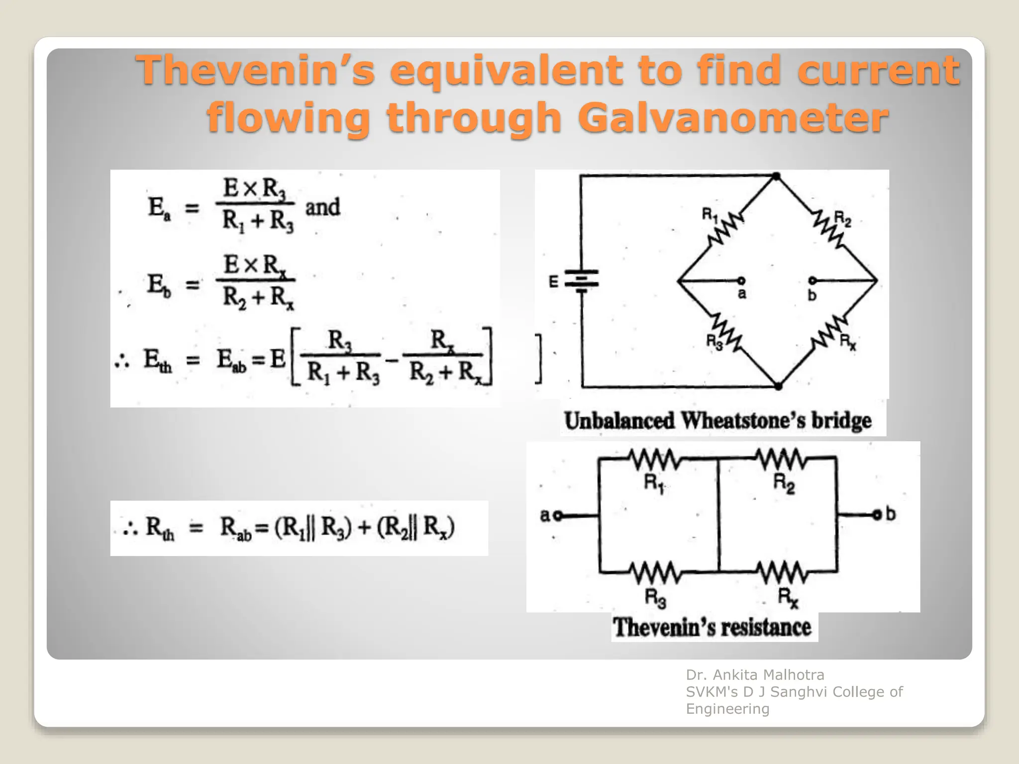 Thevenin’s equivalent to find current
flowing through Galvanometer
Dr. Ankita Malhotra
SVKM's D J Sanghvi College of
Engineering
 