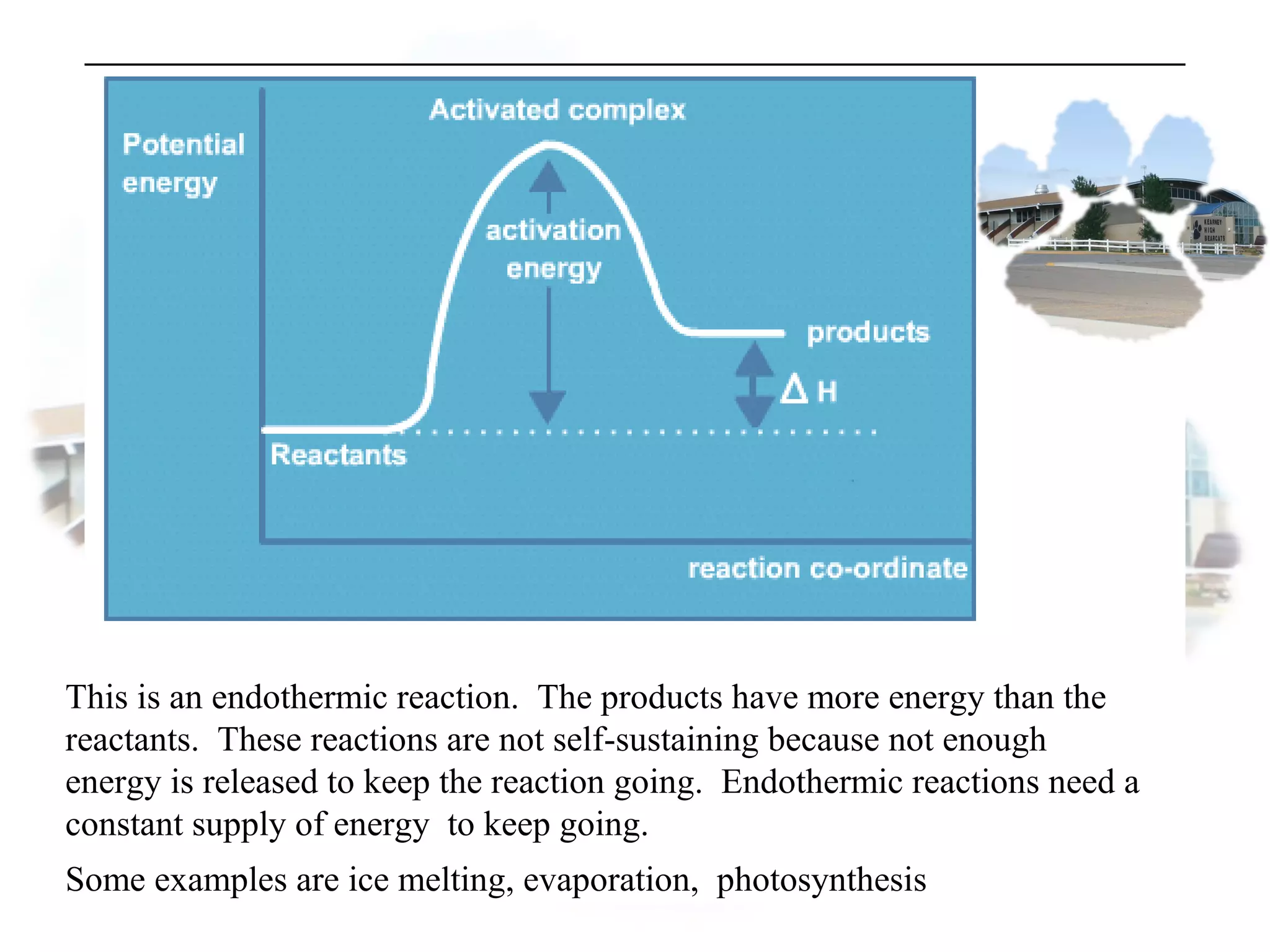 This is an endothermic reaction. The products have more energy than the
reactants. These reactions are not self-sustaining because not enough
energy is released to keep the reaction going. Endothermic reactions need a
constant supply of energy to keep going.
Some examples are ice melting, evaporation, photosynthesis
 