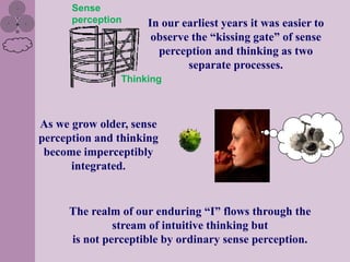 Sense
      perception    In our earliest years it was easier to
                     observe the “kissing gate” of sense
                      perception and thinking as two
                            separate processes.
               Thinking



As we grow older, sense
perception and thinking
 become imperceptibly
      integrated.


     The realm of our enduring “I” flows through the
              stream of intuitive thinking but
     is not perceptible by ordinary sense perception.
 