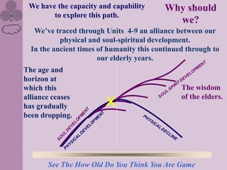 We have the capacity and capability       Why should
        to explore this path.
                                             we?
   We‟ve traced through Units 4-9 an alliance between our
           physical and soul-spiritual development.
  In the ancient times of humanity this continued through to
                       our elderly years.
The age and
horizon at
which this                                      The wisdom
alliance ceases
has gradually            x                      of the elders.

been dropping.




       See The How Old Do You Think You Are Game
 