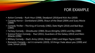 FOR EXAMPLE
• Action Comedy – Rush Hour (1998), Deadpool (2016)and Kick-Ass (2010)
• Comedy Horror – Zombieland (2009), Shaun of the Dead (2004) and Scary Movie
(2000)
• Comedy Thriller – The King of Comedy (1982), Date Night (2010) and Bad Boys
(1995)
• Fantasy Comedy – Ghostbuster (1984), Bruce Almighty (2003) and Big (1988)
• Science Fiction Comedy - Paul (2011), Guardians of the Galaxy (2014) and Mars
Attacks (1996)
• Military Comedy – Dad’s Army (2016), Stripes (1981) and Major Payne (1995)
• Romantic Comedy – isn’t it romantic (2019), 10 things I hate about you (1999) and
Love, Simon (2018)
 