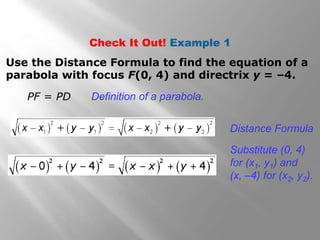 Use the Distance Formula to find the equation of a
parabola with focus F(0, 4) and directrix y = –4.
Definition of a parabola.PF = PD
Substitute (0, 4)
for (x1, y1) and
(x, –4) for (x2, y2).
Distance Formula
Check It Out! Example 1
 