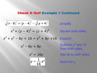 x
2
+ (y – 4)
2
= (y + 4)
2
Square both sides.
Expand.
Subtract y
2
and 16
from both sides.
x2
+ y2
– 8y + 16 = y2
+ 8y +16
x
2
– 8y = 8y
x
2
= 16y Add 8y to both sides.
Solve for y.
Check It Out! Example 1 Continued
Simplify.
 