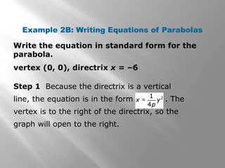 Example 2B: Writing Equations of Parabolas
vertex (0, 0), directrix x = –6
Write the equation in standard form for the
parabola.
Step 1 Because the directrix is a vertical
line, the equation is in the form . The
vertex is to the right of the directrix, so the
graph will open to the right.
 