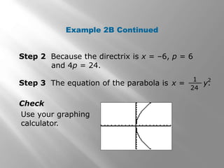 Example 2B Continued
Step 2 Because the directrix is x = –6, p = 6
and 4p = 24.
Step 3 The equation of the parabola is .x = y
21
24
Check
Use your graphing
calculator.
 