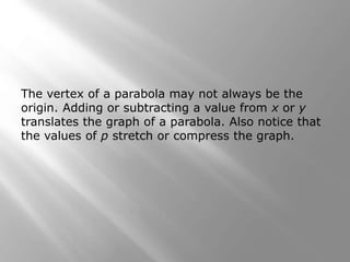 The vertex of a parabola may not always be the
origin. Adding or subtracting a value from x or y
translates the graph of a parabola. Also notice that
the values of p stretch or compress the graph.
 