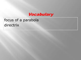 focus of a parabola
directrix
Vocabulary
 