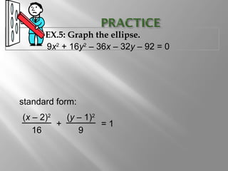 EX.5: Graph the ellipse.
9x2
+ 16y2
– 36x – 32y – 92 = 0
standard form:
(x – 2)2
16
(y – 1)2
9
+ = 1
 
