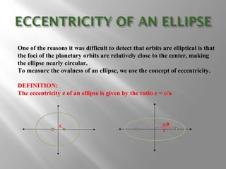 One of the reasons it was difficult to detect that orbits are elliptical is that
the foci of the planetary orbits are relatively close to the center, making
the ellipse nearly circular.
To measure the ovalness of an ellipse, we use the concept of eccentricity.
DEFINITION:
The eccentricity e of an ellipse is given by the ratio e = c/a
e e
1
 