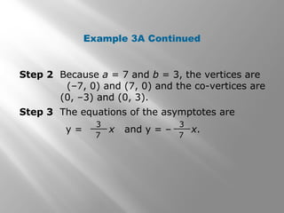 Example 3A Continued
Step 2 Because a = 7 and b = 3, the vertices are
(–7, 0) and (7, 0) and the co-vertices are
(0, –3) and (0, 3).
3
7
Step 3 The equations of the asymptotes are
y = x and y = – x.
3
7
 