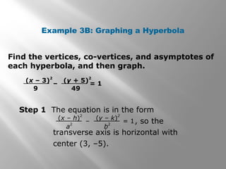 Find the vertices, co-vertices, and asymptotes of
each hyperbola, and then graph.
(x – 3)
2
9
– = 1(y + 5)
2
49
Step 1 The equation is in the form
, so the
transverse axis is horizontal with
center (3, –5).
(x – h)
2
a
2
– = 1(y – k)
2
b
2
Example 3B: Graphing a Hyperbola
 