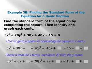 Example 3B: Finding the Standard Form of the
Equation for a Conic Section
Rearrange to prepare for completing the square in x and y.
5x
2
+ 20y
2
+ 30x + 40y – 15 = 0
5x
2
+ 30x + + 20y
2
+ 40y + = 15 + +
Factor 5 from the x terms, and factor 20 from the y terms.
5(x2
+ 6x + )+ 20(y2
+ 2y + ) = 15 + +
Find the standard form of the equation by
completing the square. Then identify and
graph each conic.
 