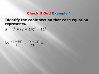 Identify the conic section that each equation
represents.
Check It Out! Example 1
a. x
2
+ (y + 14)
2
= 11
2
– = 1
(y – 6)
2
2
2
(x – 1)
2
21
2
b.
 