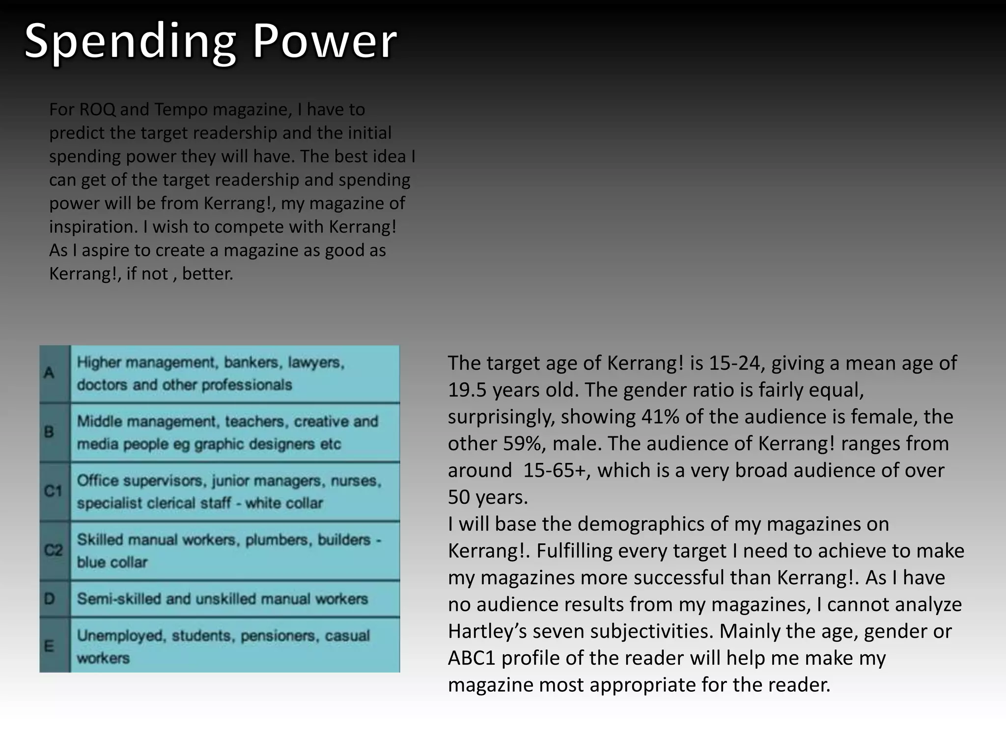 For ROQ and Tempo magazine, I have to
predict the target readership and the initial
spending power they will have. The best idea I
can get of the target readership and spending
power will be from Kerrang!, my magazine of
inspiration. I wish to compete with Kerrang!
As I aspire to create a magazine as good as
Kerrang!, if not , better.
The target age of Kerrang! is 15-24, giving a mean age of
19.5 years old. The gender ratio is fairly equal,
surprisingly, showing 41% of the audience is female, the
other 59%, male. The audience of Kerrang! ranges from
around 15-65+, which is a very broad audience of over
50 years.
I will base the demographics of my magazines on
Kerrang!. Fulfilling every target I need to achieve to make
my magazines more successful than Kerrang!. As I have
no audience results from my magazines, I cannot analyze
Hartley’s seven subjectivities. Mainly the age, gender or
ABC1 profile of the reader will help me make my
magazine most appropriate for the reader.
 
