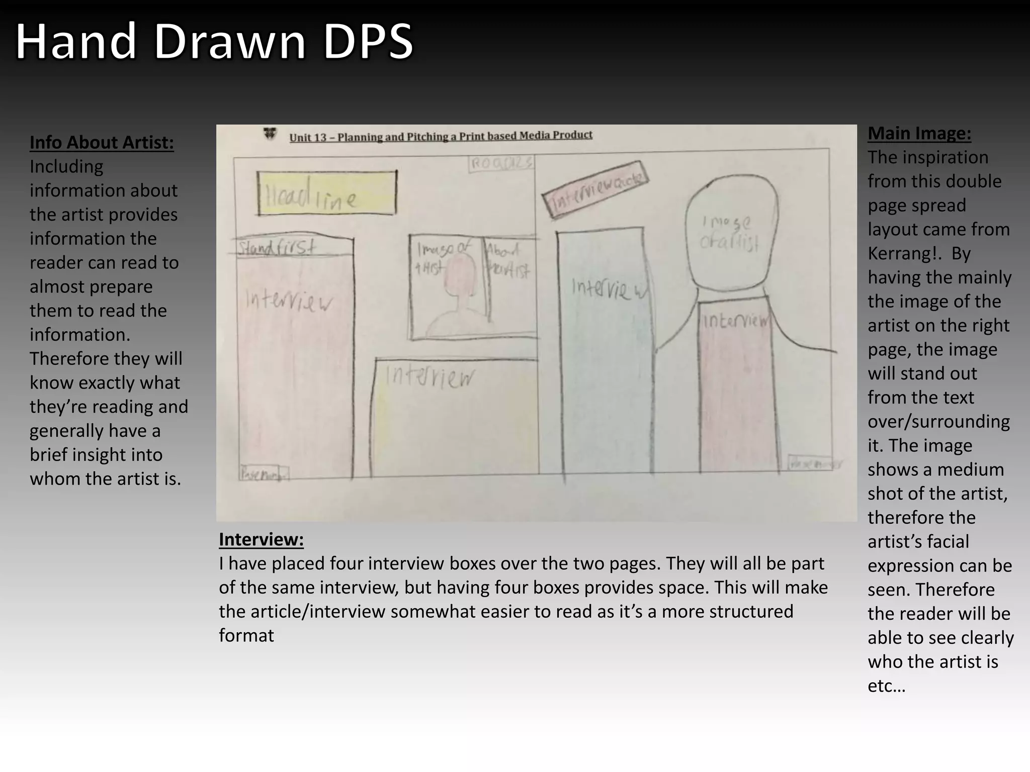 Main Image:
The inspiration
from this double
page spread
layout came from
Kerrang!. By
having the mainly
the image of the
artist on the right
page, the image
will stand out
from the text
over/surrounding
it. The image
shows a medium
shot of the artist,
therefore the
artist’s facial
expression can be
seen. Therefore
the reader will be
able to see clearly
who the artist is
etc…
Info About Artist:
Including
information about
the artist provides
information the
reader can read to
almost prepare
them to read the
information.
Therefore they will
know exactly what
they’re reading and
generally have a
brief insight into
whom the artist is.
Interview:
I have placed four interview boxes over the two pages. They will all be part
of the same interview, but having four boxes provides space. This will make
the article/interview somewhat easier to read as it’s a more structured
format
 