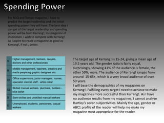 For ROQ and Tempo magazine, I have to
predict the target readership and the initial
spending power they will have. The best idea I
can get of the target readership and spending
power will be from Kerrang!, my magazine of
inspiration. I wish to compete with Kerrang!
As I aspire to create a magazine as good as
Kerrang!, if not , better.
The target age of Kerrang! is 15-24, giving a mean age of
19.5 years old. The gender ratio is fairly equal,
surprisingly, showing 41% of the audience is female, the
other 59%, male. The audience of Kerrang! ranges from
around 15-65+, which is a very broad audience of over
50 years.
I will base the demographics of my magazines on
Kerrang!. Fulfilling every target I need to achieve to make
my magazines more successful than Kerrang!. As I have
no audience results from my magazines, I cannot analyze
Hartley’s seven subjectivities. Mainly the age, gender or
ABC1 profile of the reader will help me make my
magazine most appropriate for the reader.
 