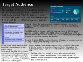 The target age of Kerrang! is 15-24, giving a mean age
of 19.5 years old. The gender ratio is fairly equal,
surprisingly, showing 41% of the audience is female,
the other 59%, male. The audience of Kerrang! ranges
from around 15-65+, which is a very broad audience
of over 50 years.
This chart shows the socio-economic categories that every person is
categorized by. The categorization depends on social class, lifestyle and
personality.
The ABC1 profile of Kerrang! Is 49.8%, meaning the other 50.2%, larger
quantity of readers fall below the ABC1 categories, in C2, D and E. This is
because most of the audience is in the 15-24 year old category, meaning the
majority of Kerrang!’s audience are students.
Kerrang! Retails at £2.30, meaning it is easily affordable to anyone, more so,
the larger category that Kerrang! readers fall into.
Blumer and Katz’ uses and grafication theory is evident in Kerrang!
under the subject of ‘diversion’. ‘Diversion’ is the theory that the
audience can escape from their reality and immerse themselves in the
text
Kerrang! targets the C2, D and E profiles,
potentially, this could be seen to have
negative impacts.
Targeting a C2, D and E profiles means the
audience will have less disposable income,
meaning they’re unlikely to spend £5.00,
which is how much a ABC1 profile audience
magazine may be retailed at, such as ‘Mojo’,
another Bauer Media magazine.
Psychographics is the study of personality, values, opinions,
attitudes, interests, and lifestyles. This is important that the
editorial understands the what the reader wants, producing the
best content possible.
 