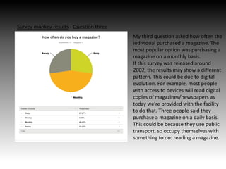 Survey monkey results - Question three
My third question asked how often the
individual purchased a magazine. The
most popular option was purchasing a
magazine on a monthly basis.
If this survey was released around
2002, the results may show a different
pattern. This could be due to digital
evolution. For example, most people
with access to devices will read digital
copies of magazines/newspapers as
today we’re provided with the facility
to do that. Three people said they
purchase a magazine on a daily basis.
This could be because they use public
transport, so occupy themselves with
something to do: reading a magazine.
 