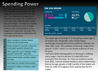 The target age of Kerrang! is 15-24, giving a mean age of
19.5 years old. The gender ratio is fairly equal,
surprisingly, showing 41% of the audience is female, the
other 59%, male. The audience of Kerrang! ranges from
around 15-65+, which is a very broad audience of over
50 years.
I will base ROQ’s demographics on Kerrang!’s, fulfilling
every target I need to achieve to make ROQ more
successful than Kerrang!. As I have no audience results
from ROQ, I cannot analyze Hartley’s seven subjectivities.
Mainly the age, gender or ABC1 profile of the reader will
help me make my magazine most appropriate for the
reader.
My target audience will be about 60%
male and 40% or less female. The age
range will be about around 15-25 year
olds. This is because my magazine of
inspiration, Kerrang!, has a audience of
15-24 year olds at 69.5% of the reader
total percentage. I can expect to receive
the same statistics in terms of target
audience and spending power as my
magazine of inspiration, Kerrang!. This
assumption will help me determine the
most appropriate price.
 