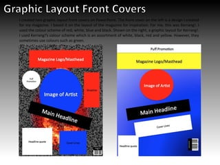 I created two graphic layout front covers on PowerPoint. The front cover on the left is a design I created
for my magazine. I based it on the layout of the magazine for inspiration. For me, this was Kerrang!. I
used the colour scheme of red, white, blue and black. Shown on the right, a graphic layout for Kerrang!.
I used Kerrang!’s colour scheme which is an assortment of white, black, red and yellow. However, they
sometimes use colours such as green.
 