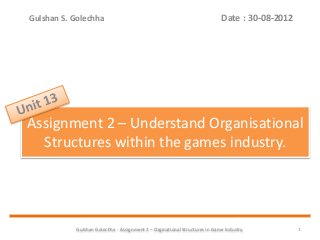 Gulshan Golechha - Assignment 2 – Orginational Structures in Game Industry. 1
Assignment 2 – Understand Organisational
Structures within the games industry.
Date : 30-08-2012Gulshan S. Golechha
 