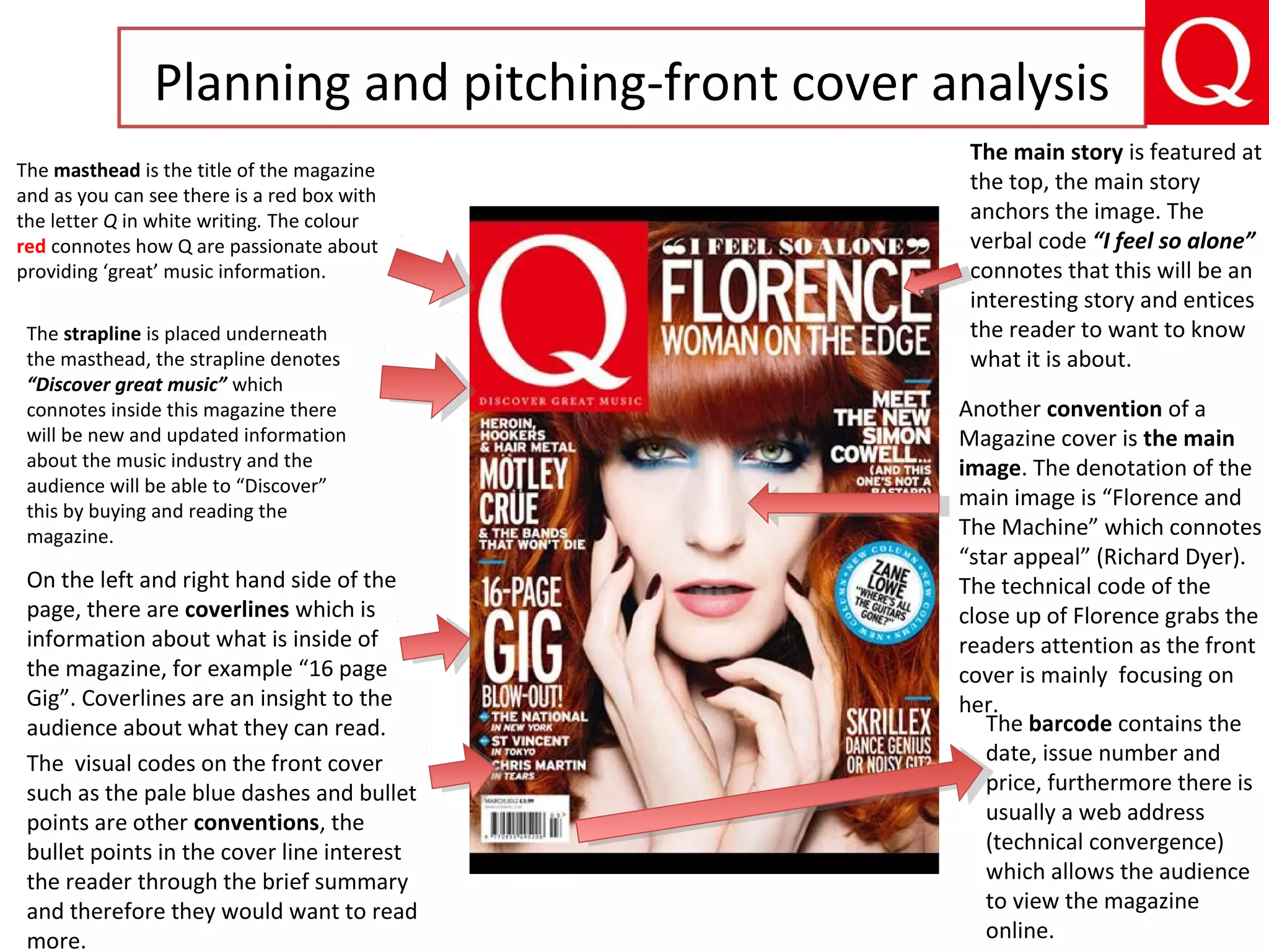 Planning and pitching-front cover analysis
The masthead is the title of the magazine
and as you can see there is a red box with
the letter Q in white writing. The colour
red connotes how Q are passionate about
providing ‘great’ music information.
Another convention of a
Magazine cover is the main
image. The denotation of the
main image is “Florence and
The Machine” which connotes
“star appeal” (Richard Dyer).
The technical code of the
close up of Florence grabs the
readers attention as the front
cover is mainly focusing on
her.
The visual codes on the front cover
such as the pale blue dashes and bullet
points are other conventions, the
bullet points in the cover line interest
the reader through the brief summary
and therefore they would want to read
more.
The strapline is placed underneath
the masthead, the strapline denotes
“Discover great music” which
connotes inside this magazine there
will be new and updated information
about the music industry and the
audience will be able to “Discover”
this by buying and reading the
magazine.
On the left and right hand side of the
page, there are coverlines which is
information about what is inside of
the magazine, for example “16 page
Gig”. Coverlines are an insight to the
audience about what they can read. The barcode contains the
date, issue number and
price, furthermore there is
usually a web address
(technical convergence)
which allows the audience
to view the magazine
online.
The main story is featured at
the top, the main story
anchors the image. The
verbal code “I feel so alone”
connotes that this will be an
interesting story and entices
the reader to want to know
what it is about.
 