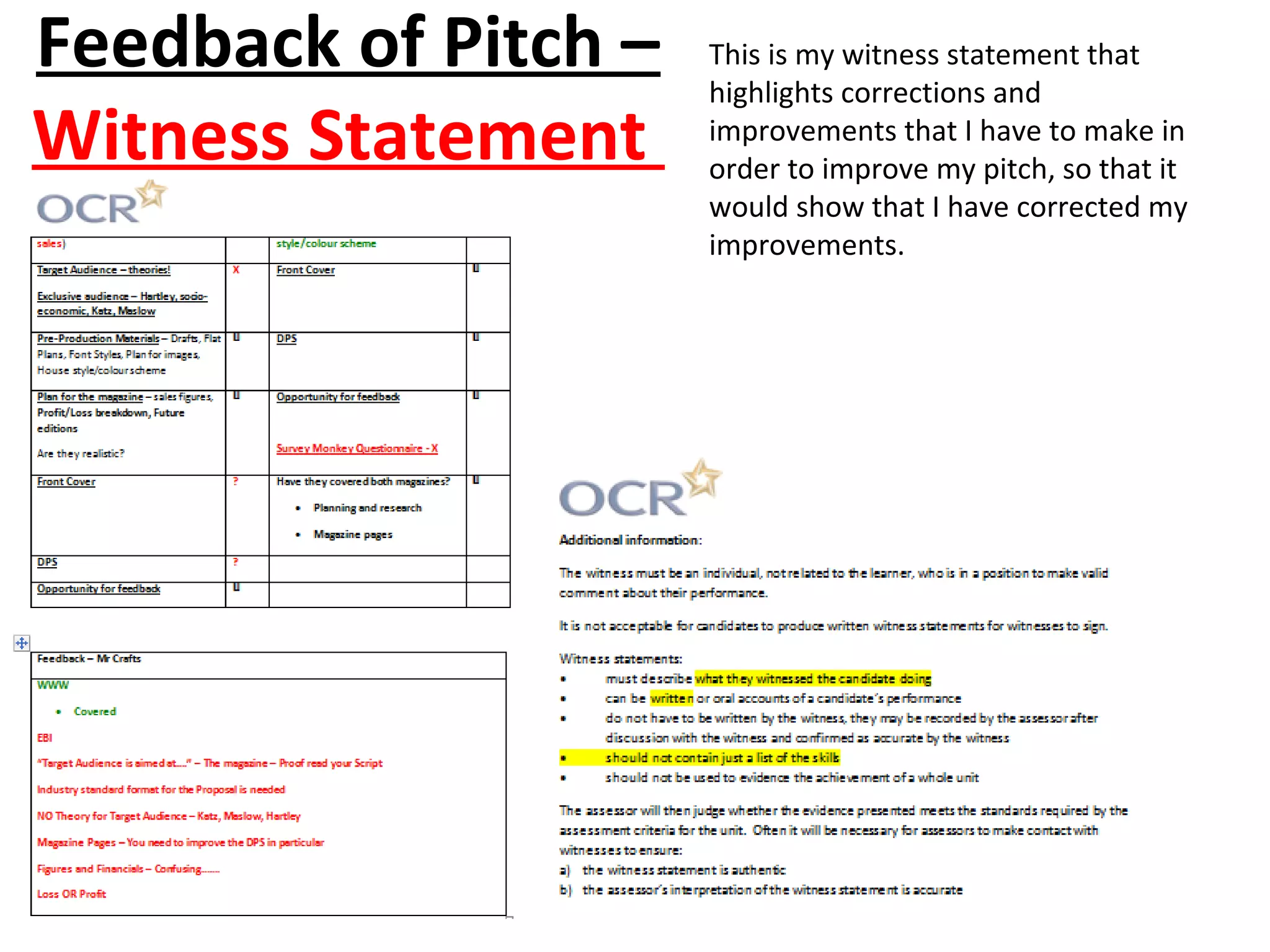 Feedback of Pitch –
Witness Statement
This is my witness statement that
highlights corrections and
improvements that I have to make in
order to improve my pitch, so that it
would show that I have corrected my
improvements.
 