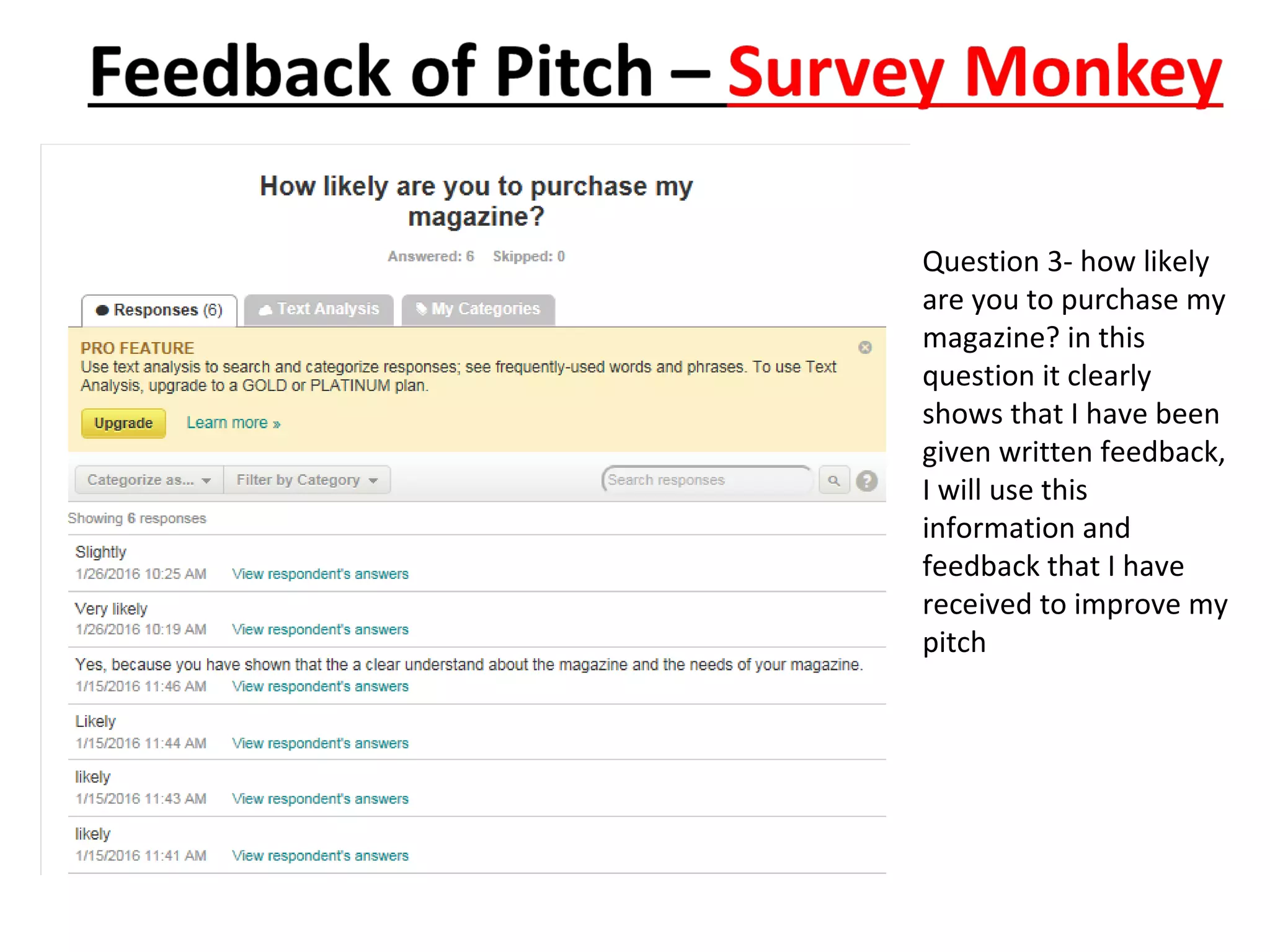 Question 3- how likely
are you to purchase my
magazine? in this
question it clearly
shows that I have been
given written feedback,
I will use this
information and
feedback that I have
received to improve my
pitch
 
