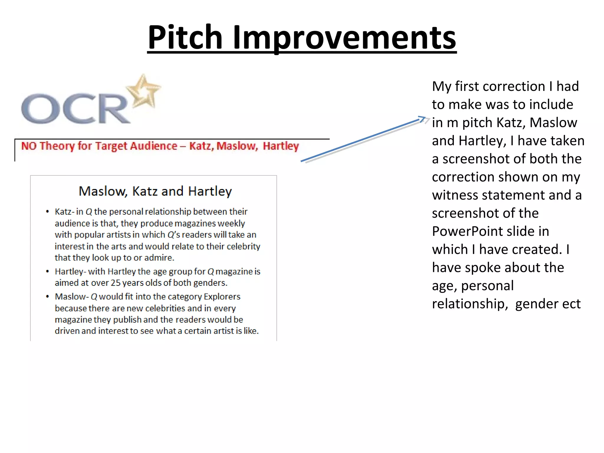 Pitch Improvements
My first correction I had
to make was to include
in m pitch Katz, Maslow
and Hartley, I have taken
a screenshot of both the
correction shown on my
witness statement and a
screenshot of the
PowerPoint slide in
which I have created. I
have spoke about the
age, personal
relationship, gender ect
 